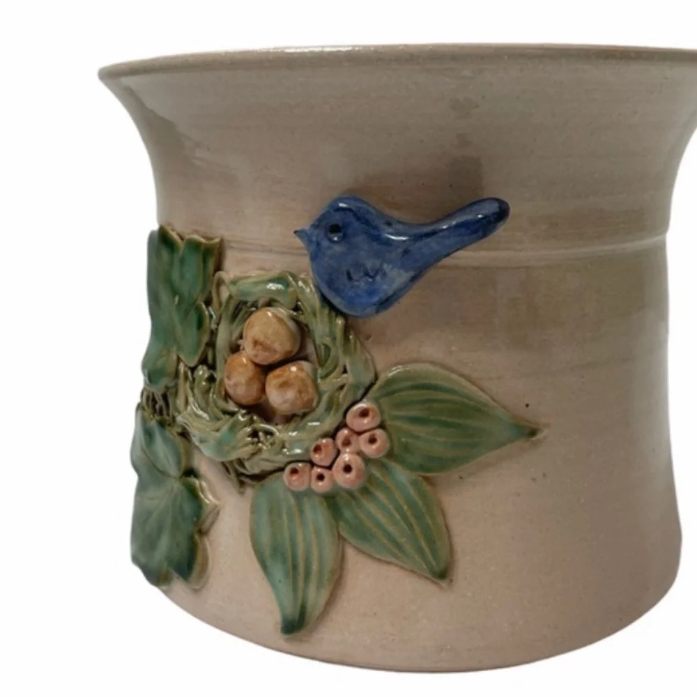 Hand Crafted Pottery Artisan Handmade Adornments Bird Nest Floral Ivy Blue Green